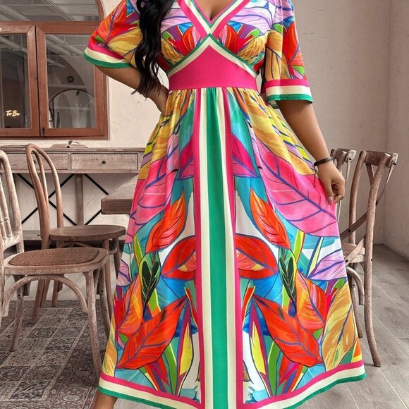 Multicolor Boho Women's Plus Size Vacation Casual Plant Printed High-Waist Long - Picture 2 of 6